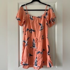Peach Bird Print Off-Shoulder Dress